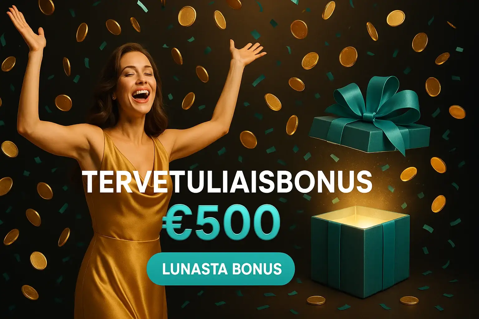 Suomalainen kasinobonusbanneri, nainen kultamekossa, kolikot ja teal-konfetti