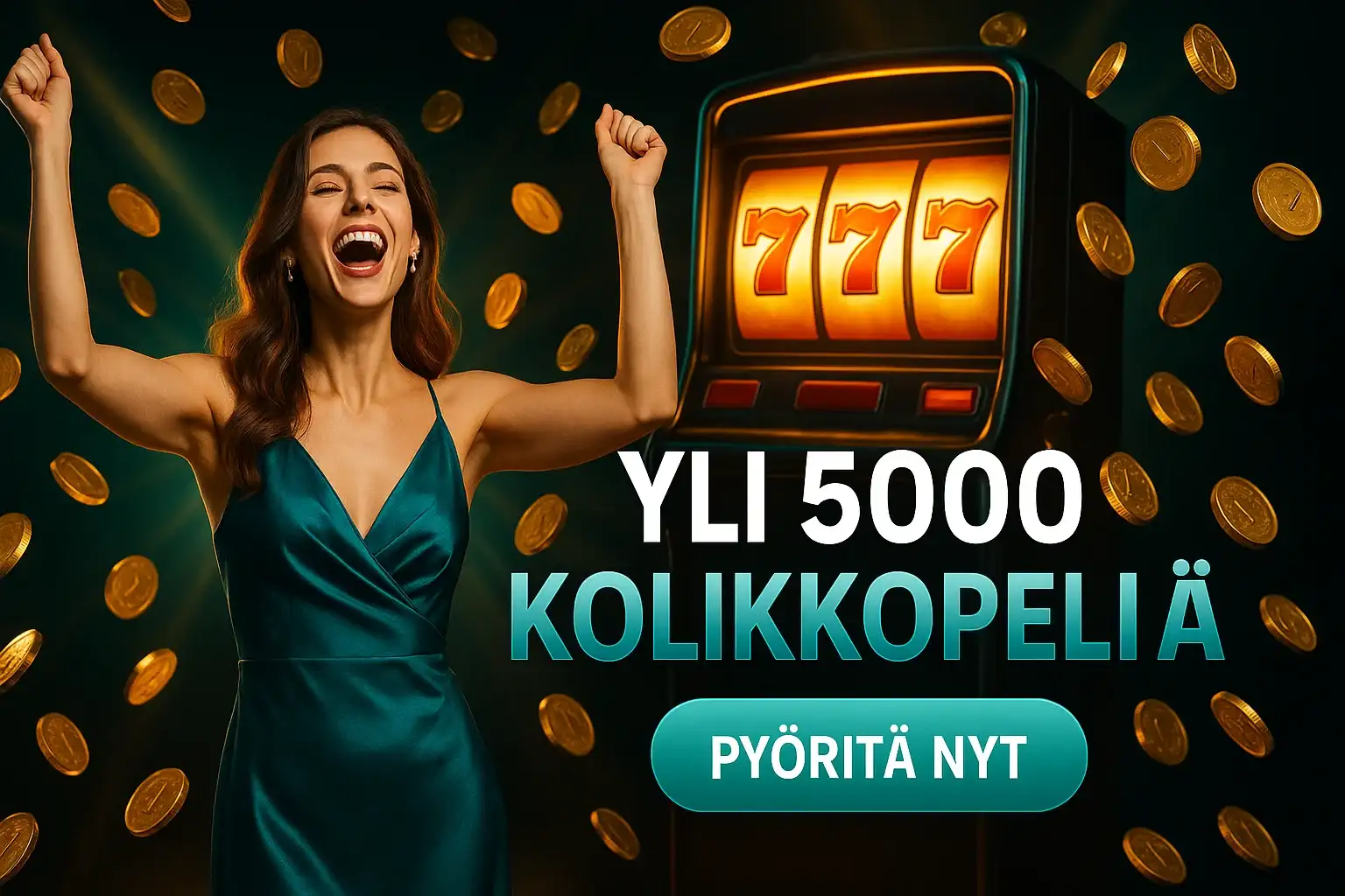 Suomalainen kasino mainosbanneri, nainen juhlii, kolikot sataa, seiskat jackpot