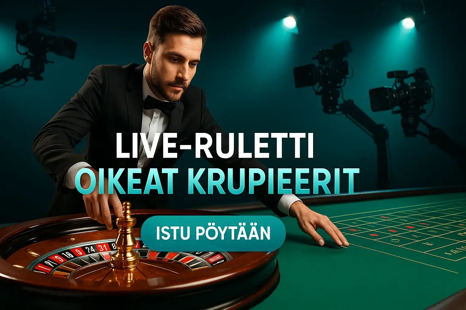 Fotorealistinen live-kasino banneri krupieeri rulettipöydällä ja kameroilla