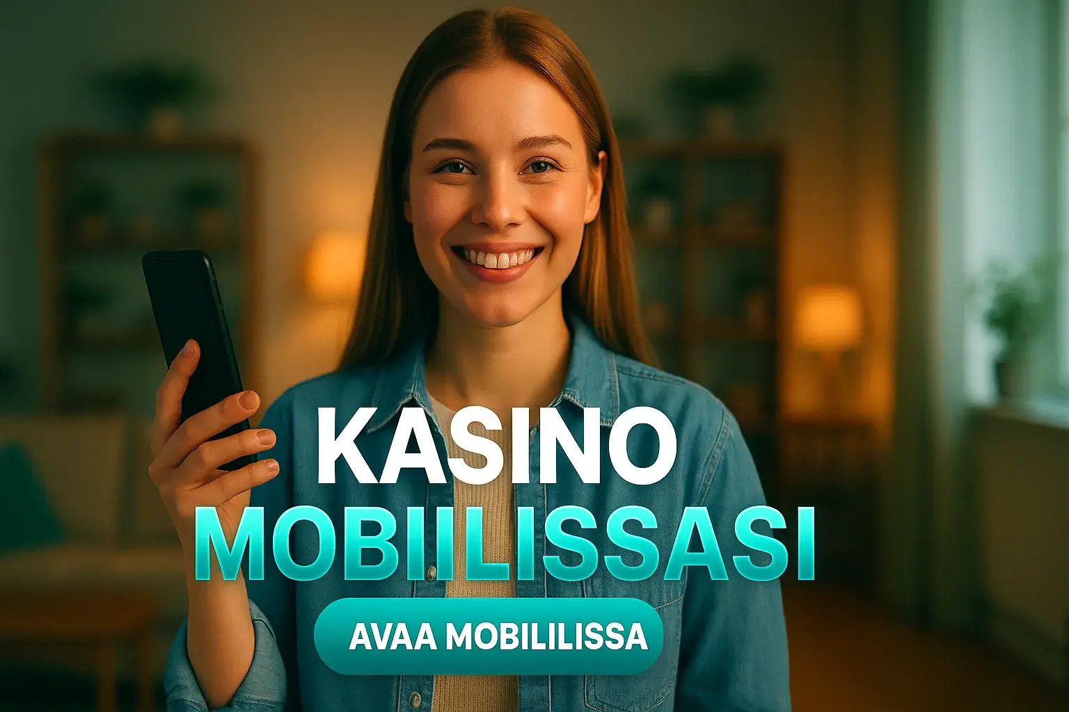 Suomalainen nainen esittelee mobiilikasinon sovellusta olohuoneessa, teksti KASINO
