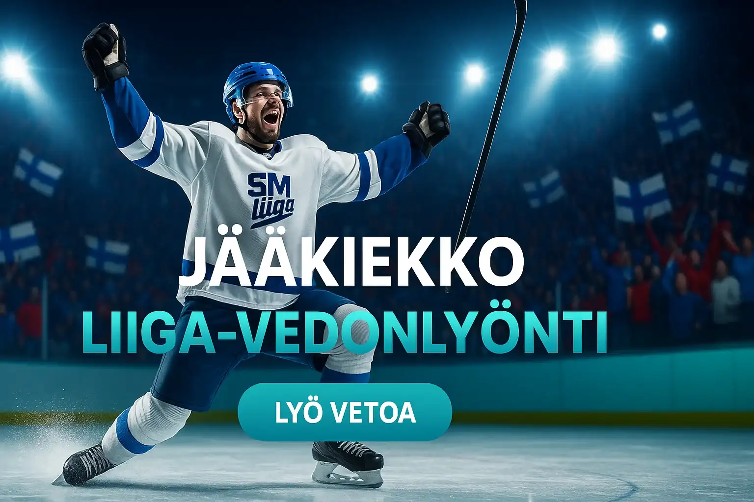Fotorealistinen SM-liiga jääkiekko vedonlyöntibanneri, pelaaja juhlii maalia areenalla